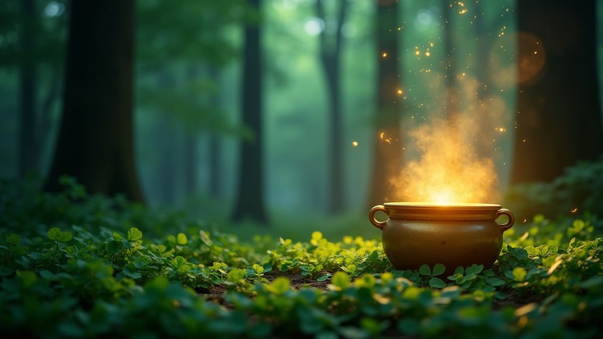 Un bosque encantado con tréboles y una olla dorada brillante.
