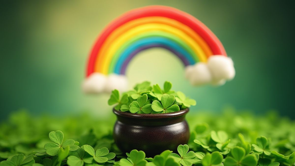 Un arcoíris colorido sobre una olla de oro rodeada de tréboles.
