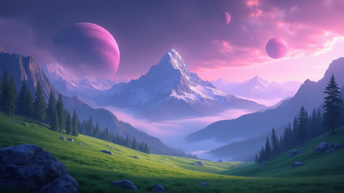 Mystiek landschap met bergen en paarse luchten