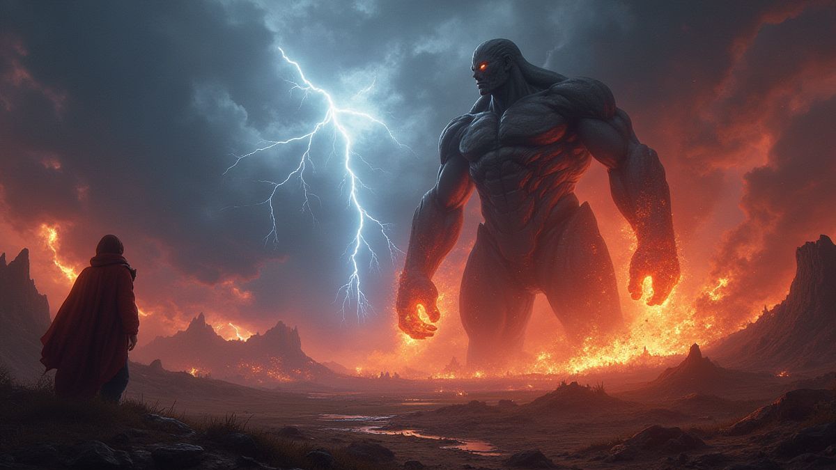 Epische strijd tussen titanen onder verlichtende luchten