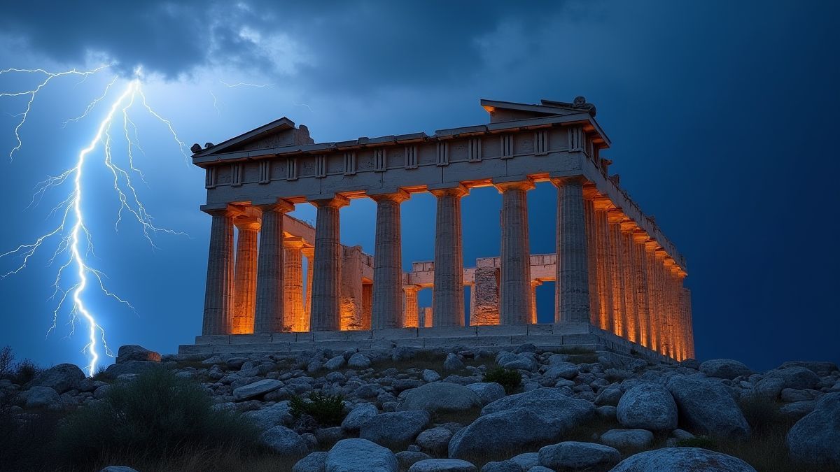 Templo griego con relámpagos en el fondo.
