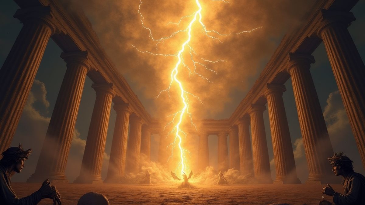 Rayo brillante rodeado de columnas griegas y criaturas míticas.