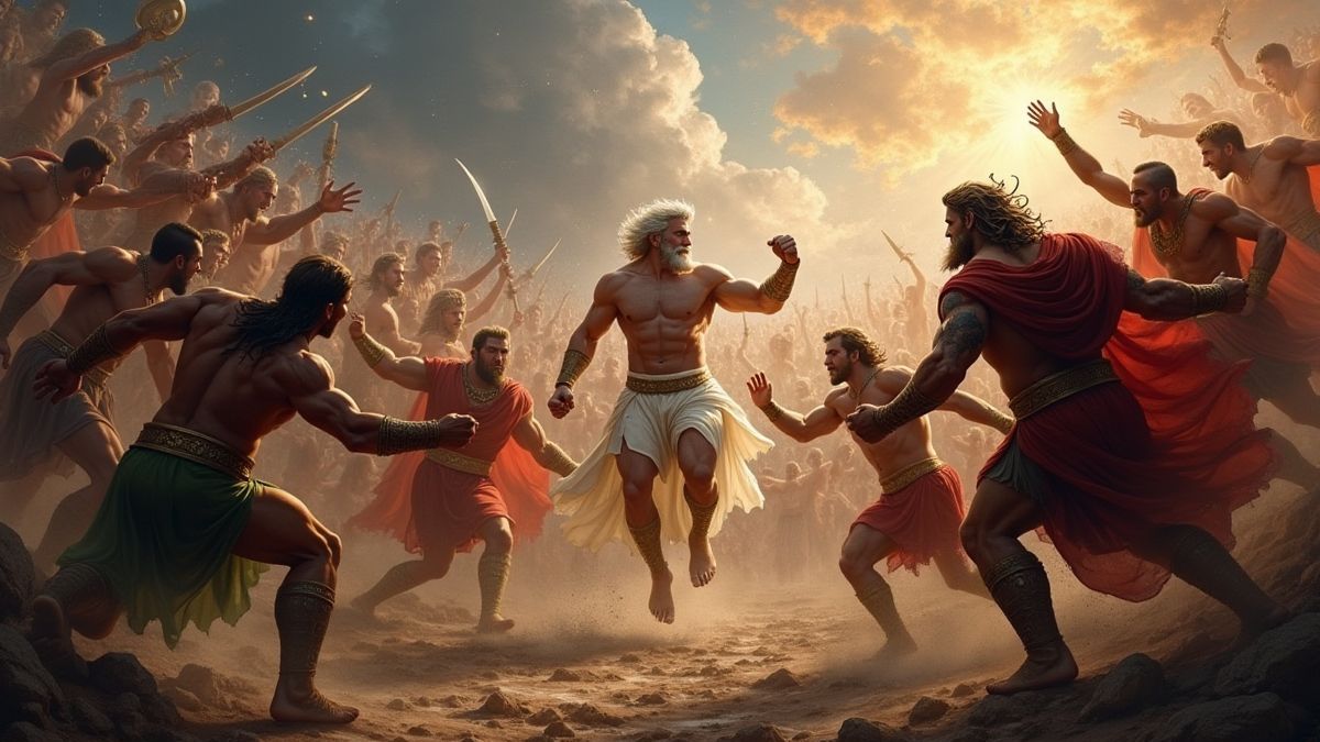 Batalla mítica entre Titanes y Olímpicos con Zeus en el centro.