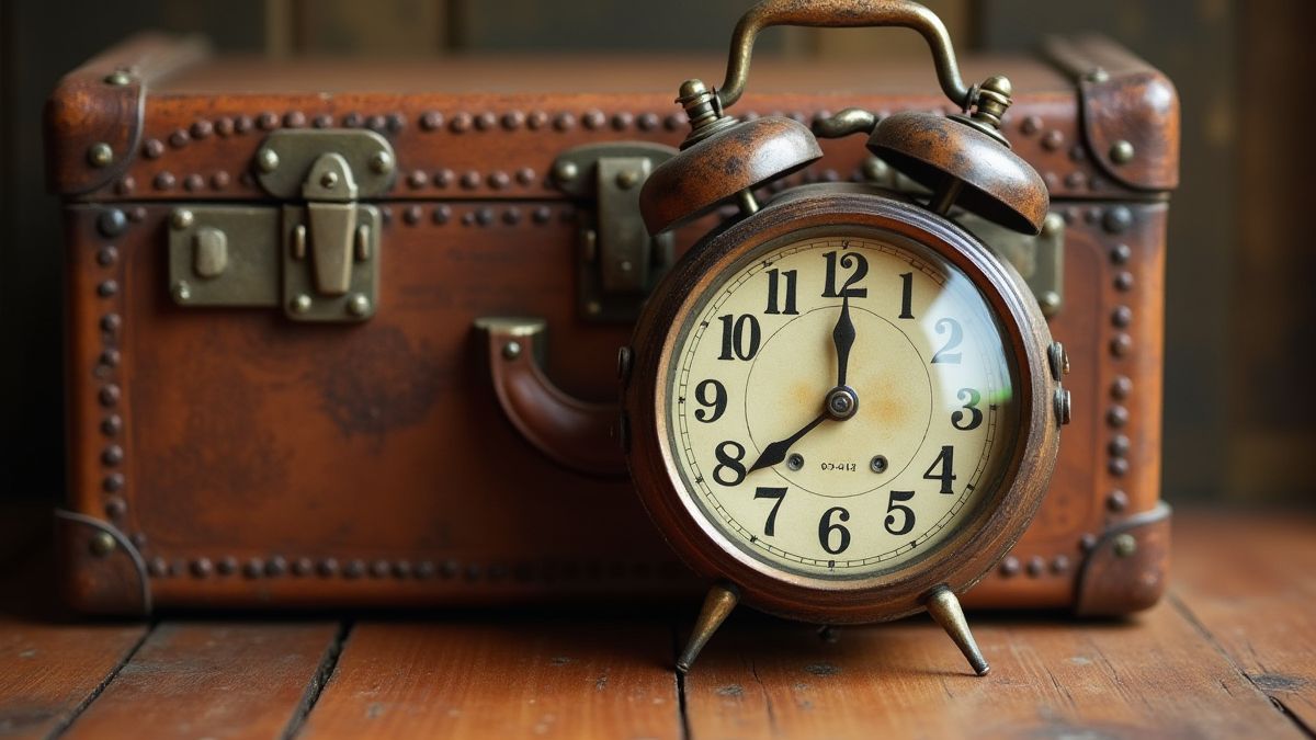 Relógio antigo e malas vintage em um fundo de madeira.