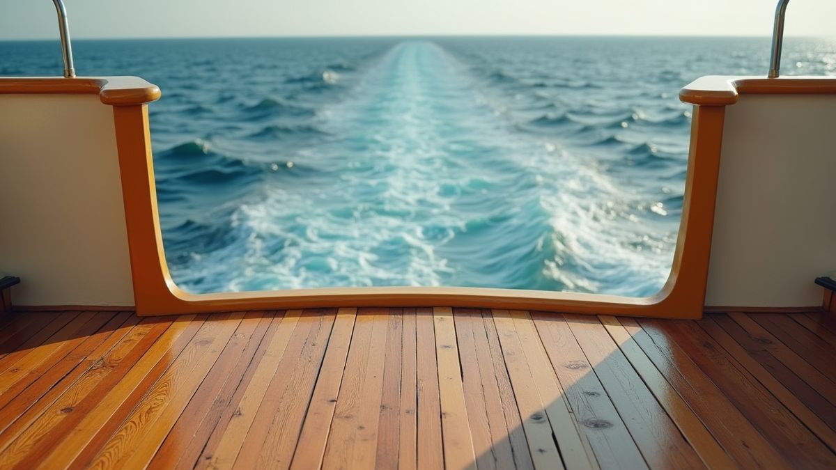 Cobertura de madeira de um barco com moldura dourada e ondas ao fundo.