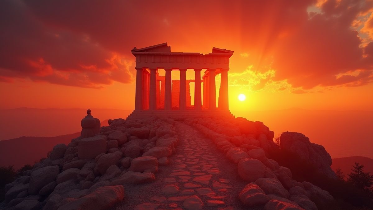 Um templo grego iluminado por um atardecer ardente.