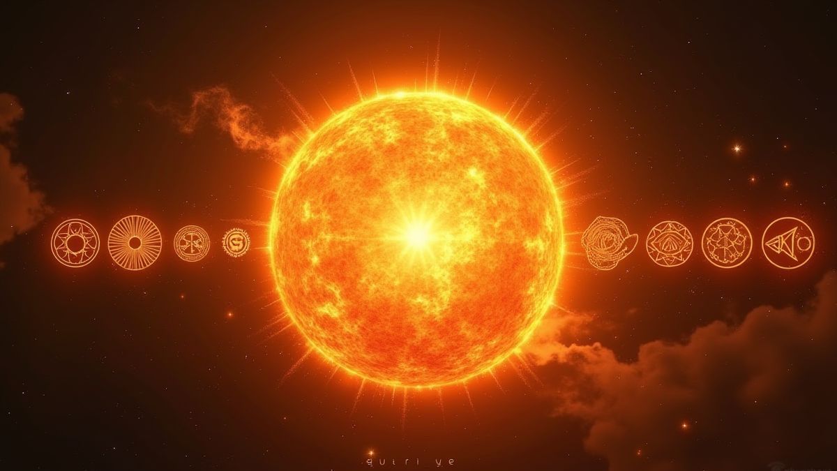 Um sol brilhante que se transforma em símbolos mitológicos.