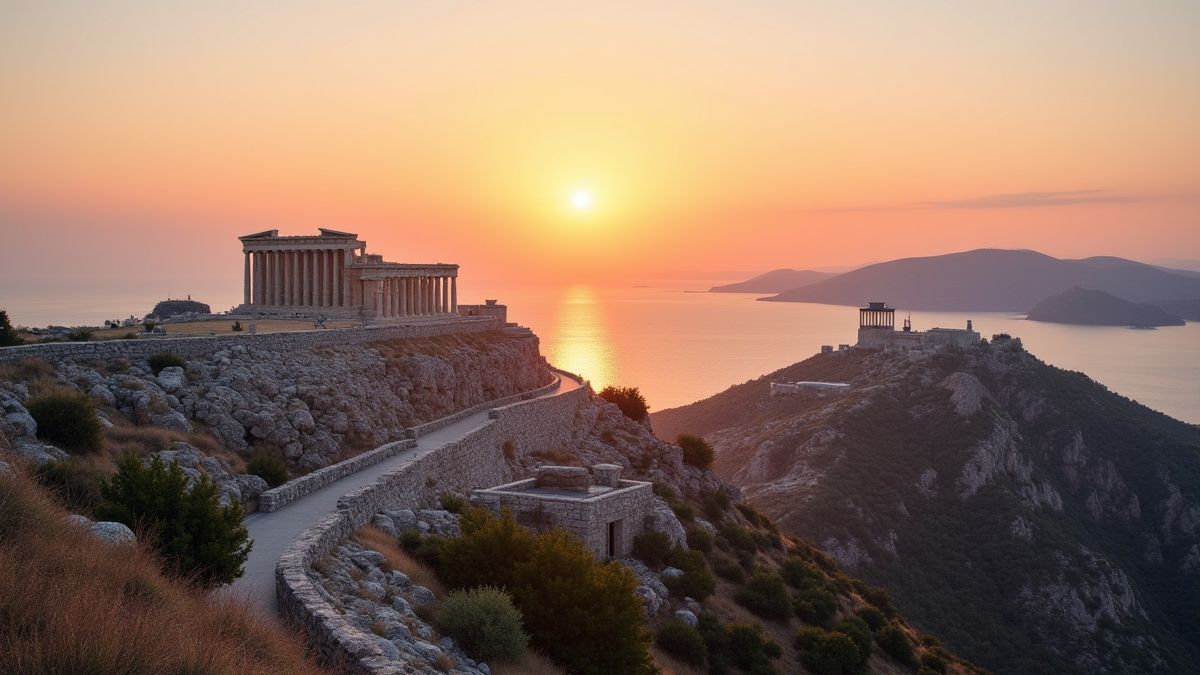 Griekse tempels tijdens de zonsondergang met de Middellandse Zee.