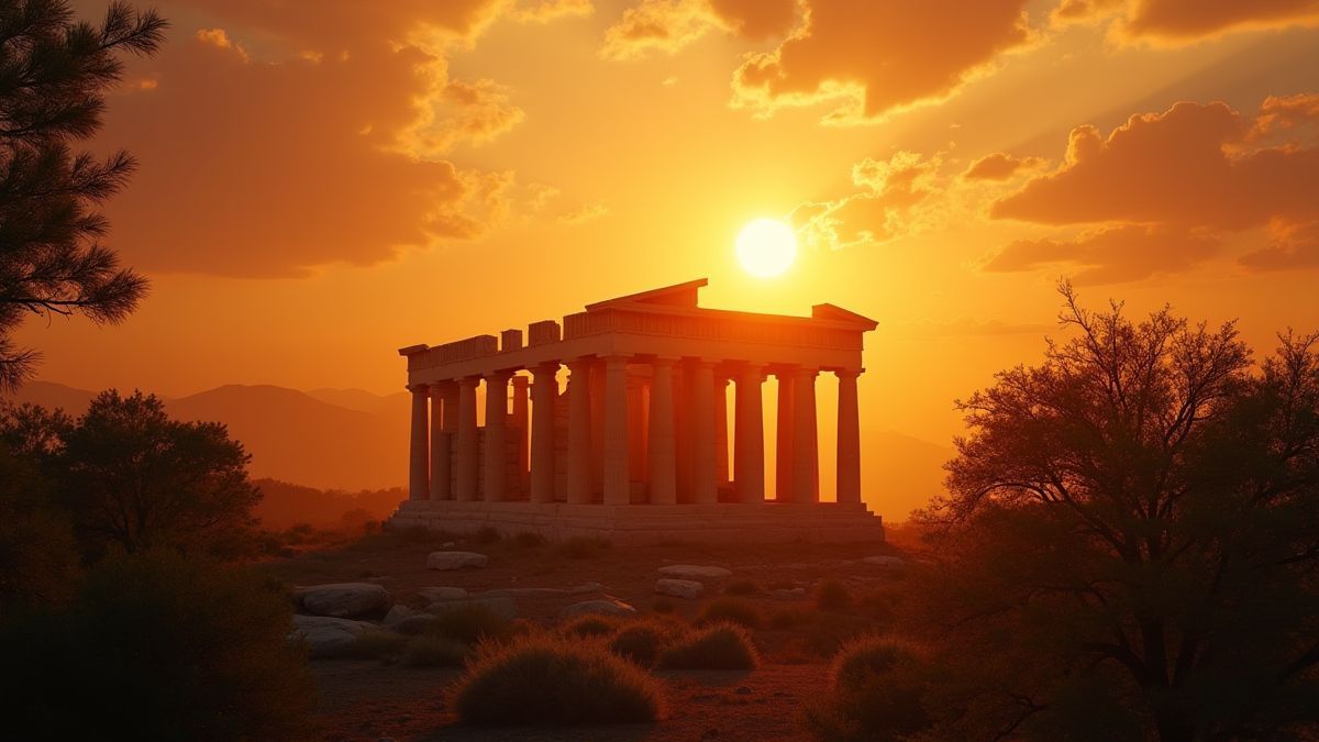 De zon die straalt boven een Griekse tempel omringd door de natuur.
