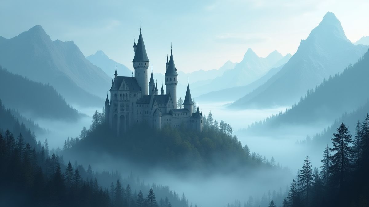 Medieval castle with mist and mountains in the background.
