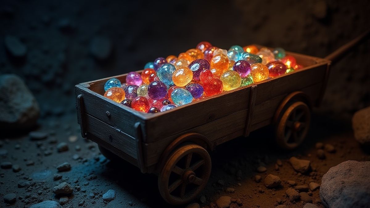 Ein Minenwagen voller funkelnder Edelsteine in einer schwach beleuchteten Mine.