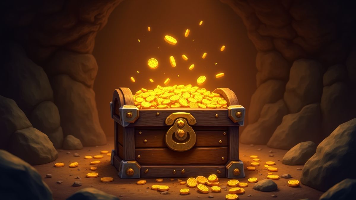 Eine leuchtende Schatzkiste voller Multiplikatoren und Goldmünzen.