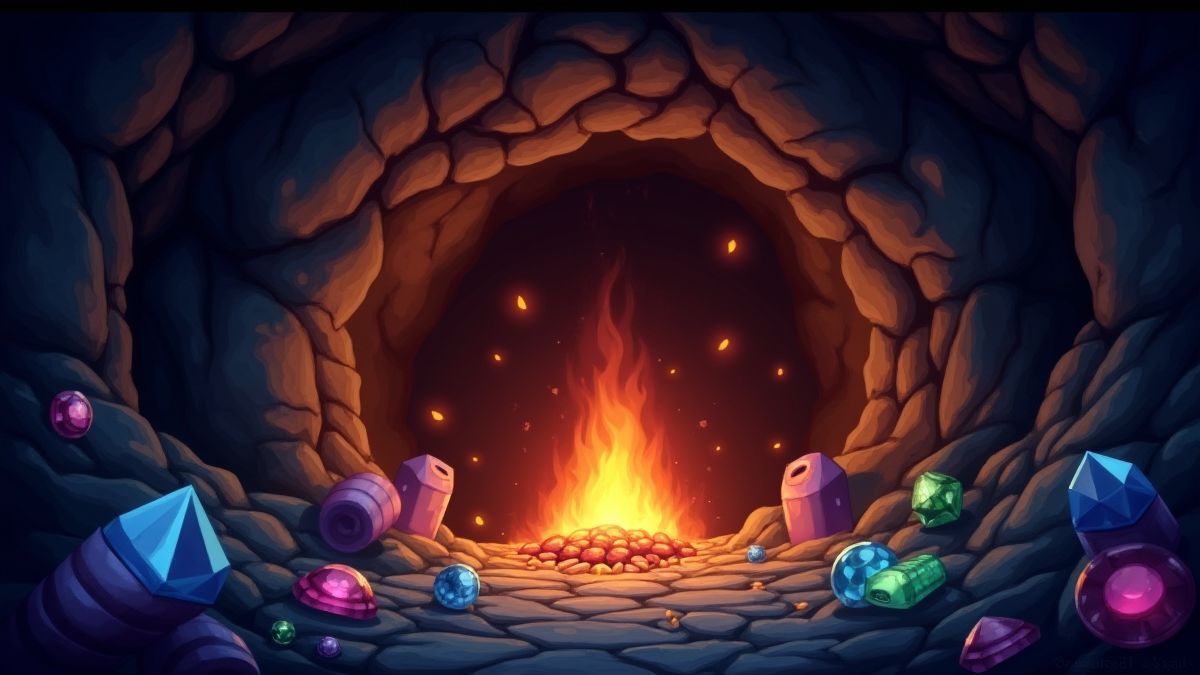A glowing mine with sparkling gems and dynamite.