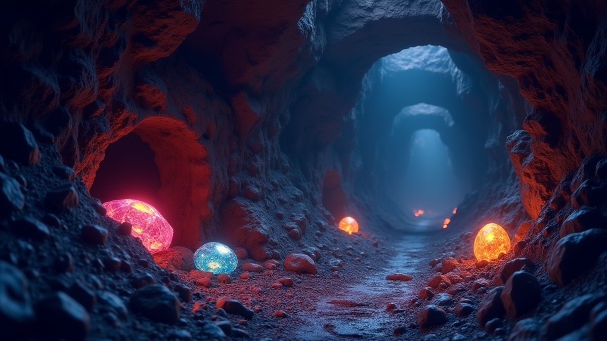 A mine tunnel with sparkling gems and mining equipment.