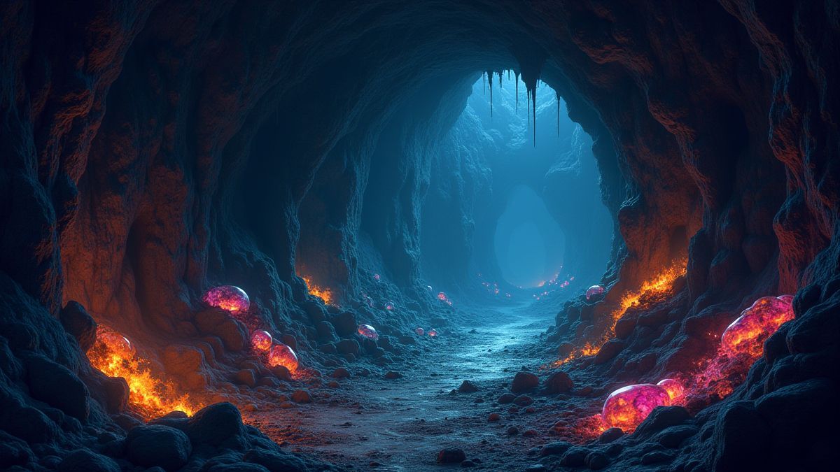 Caverna subterránea llena de gemas brillantes y equipo de minería.