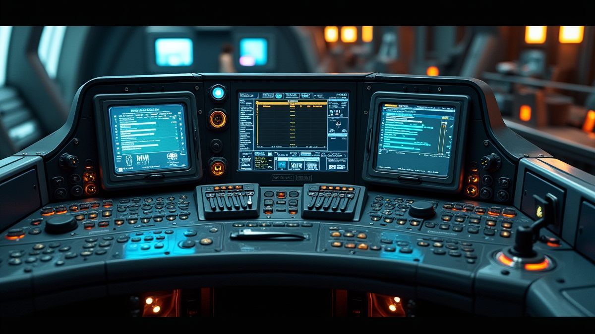 Futuristisch controlepaneel in een ruimteschip met verlichte knoppen en schermen.