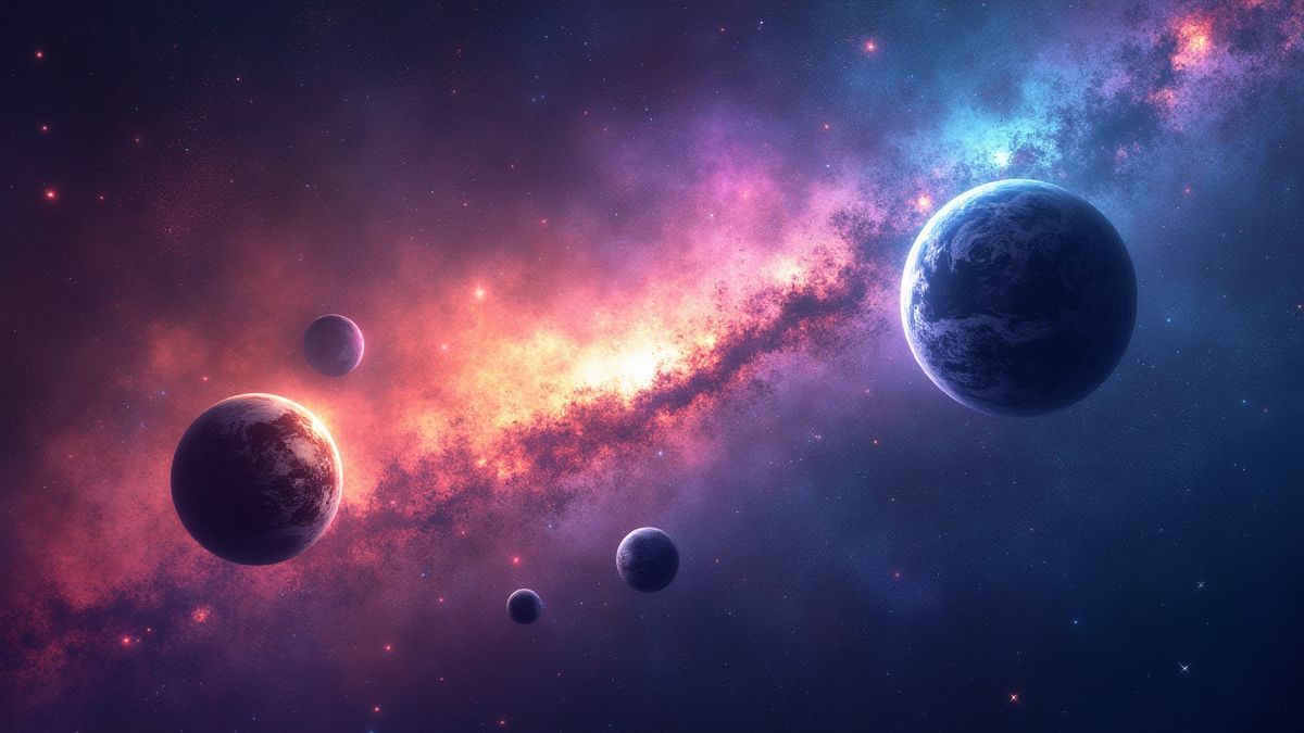 Een levendige galaxie met kleurrijke planeten en vallende sterren.