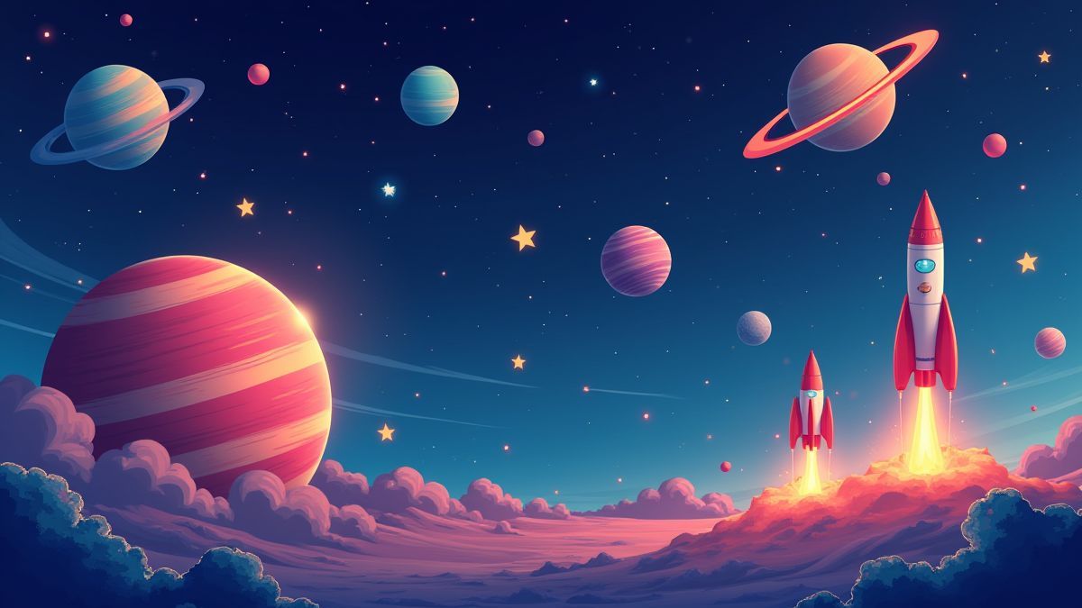 Planetas e foguetes animados brilhando no espaço.