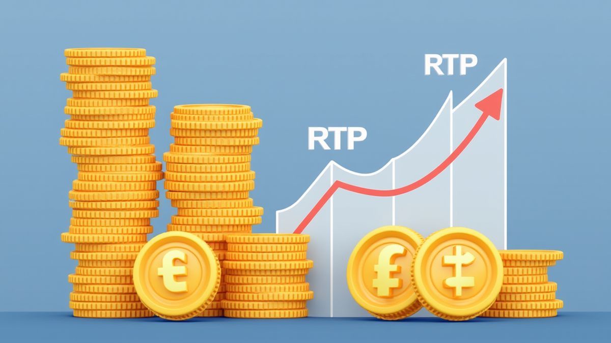 Ilustração de moedas e um gráfico que representa RTP e baixa volatilidade.