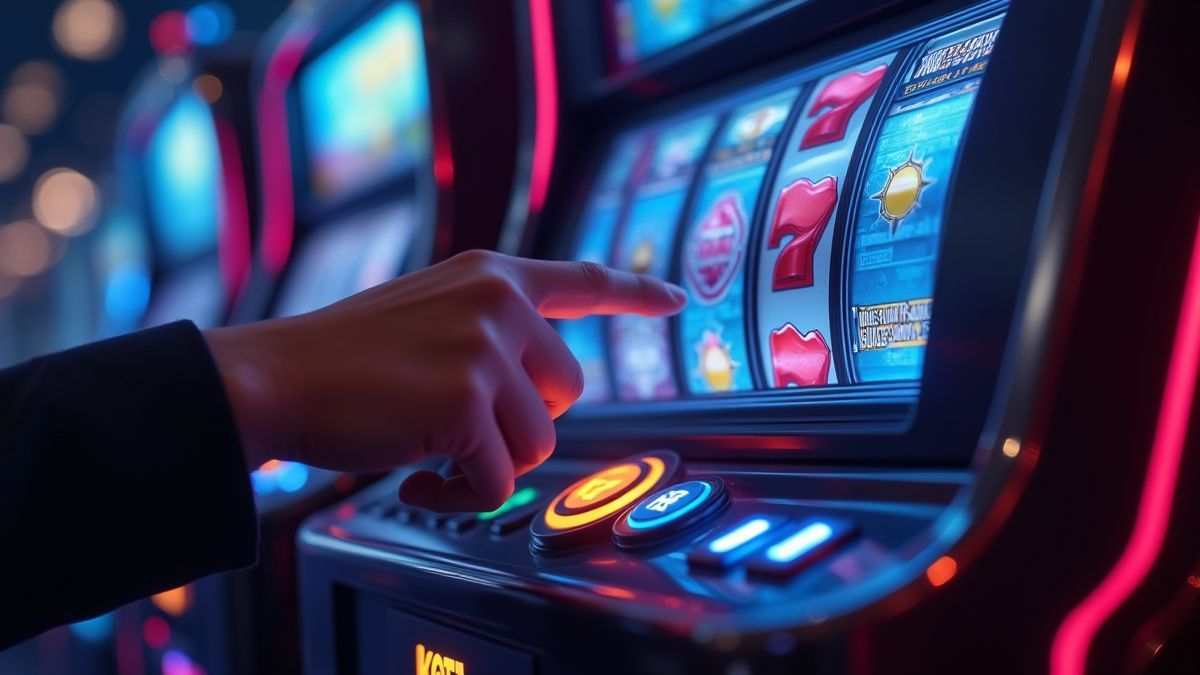 Mão pressionando o botão 'spin' em uma máquina de slot futurista.