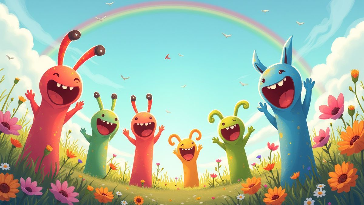 Criaturas coloridas emergiendo de tubos en la tierra con un paisaje lleno de arcoíris y flores.