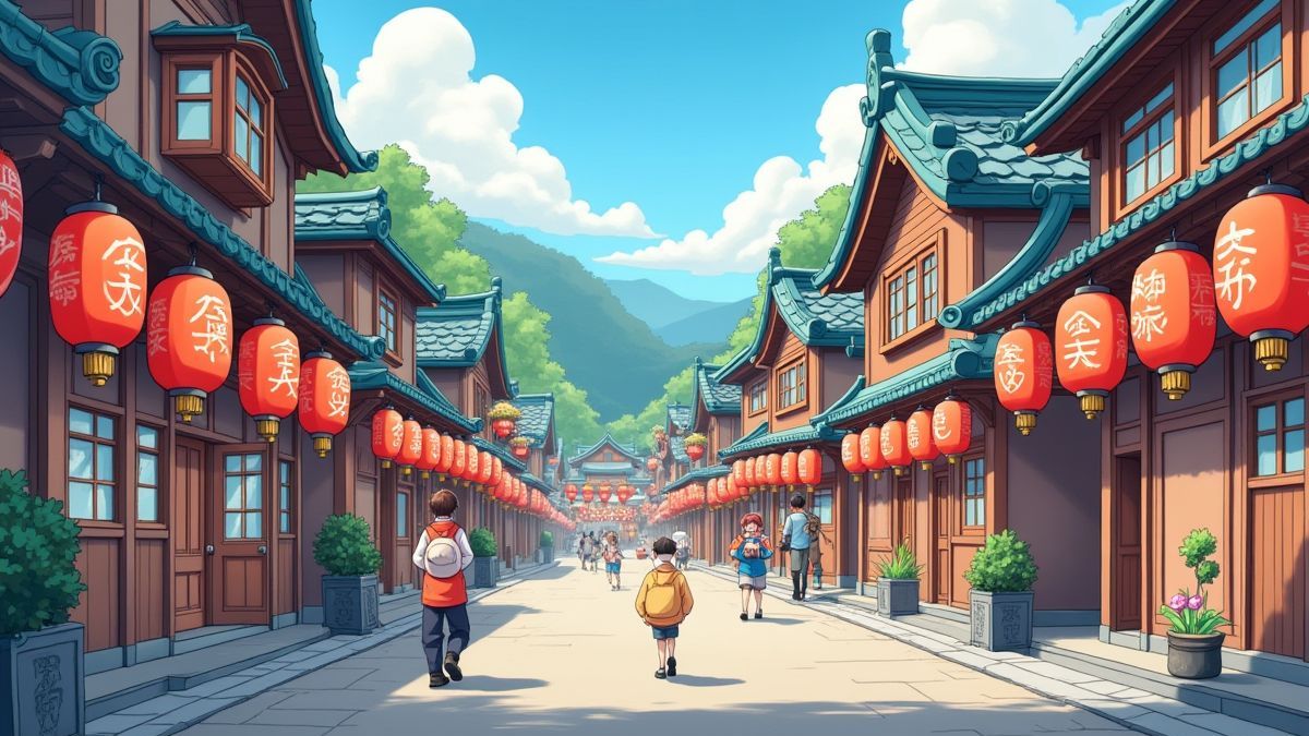 Image of an animated Japanese town with lanterns and adorable characters.