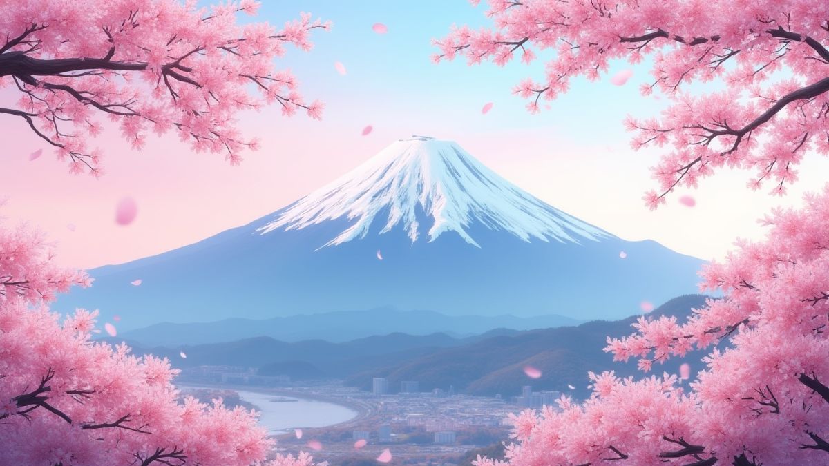 Cherry blossoms and Mount Fuji in Japanese style.