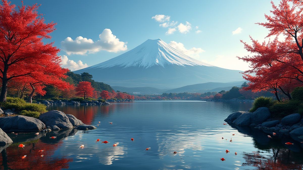 Mount Fuji with a koi fish pond in the foreground.