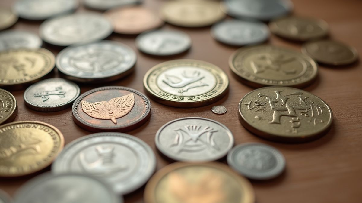Japanese yen coins scattered across a table.