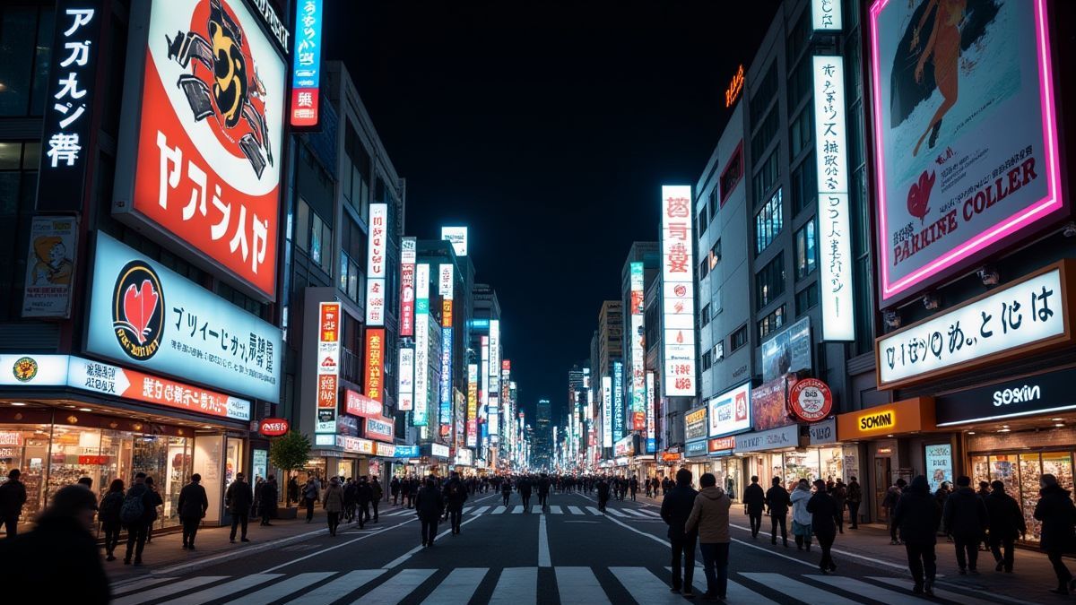 La vida nocturna de Tokio con luces de neón y calles llenas de energía.