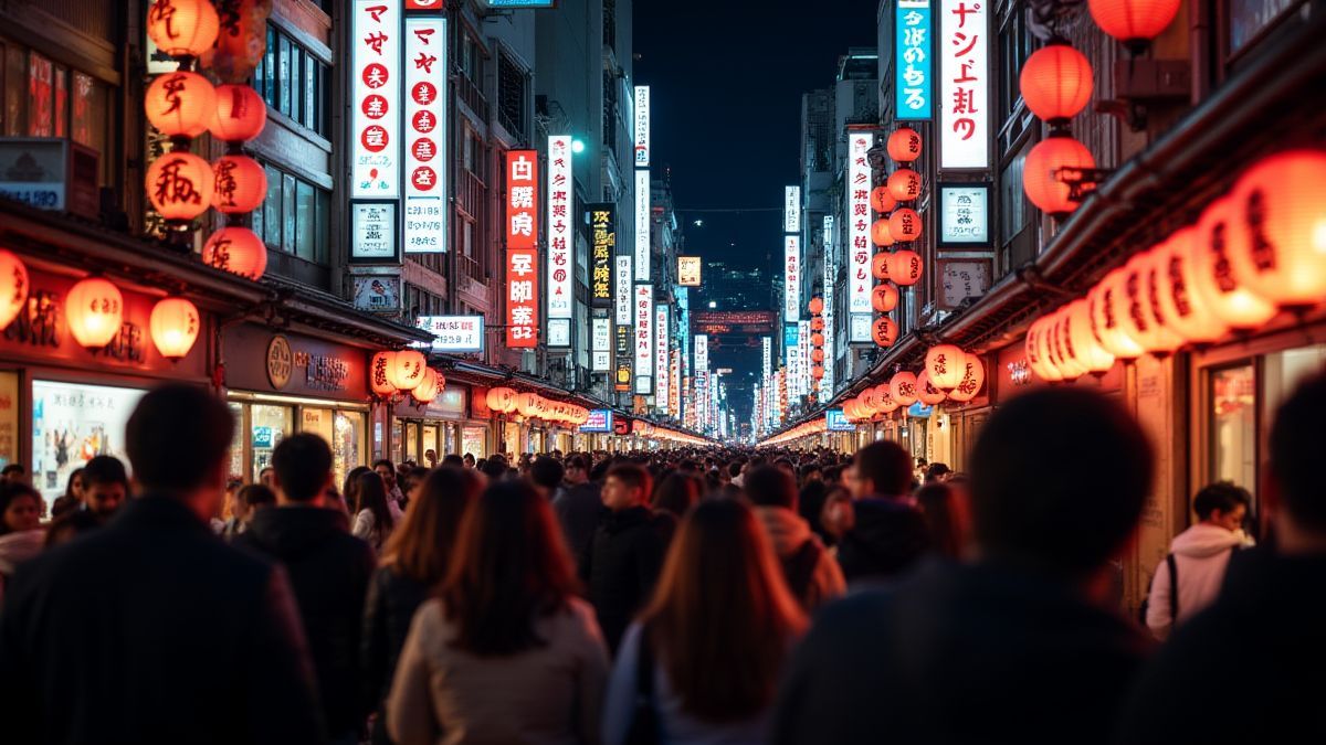 Calle de Tokio iluminada con luces de neón y farolillos tradicionales.