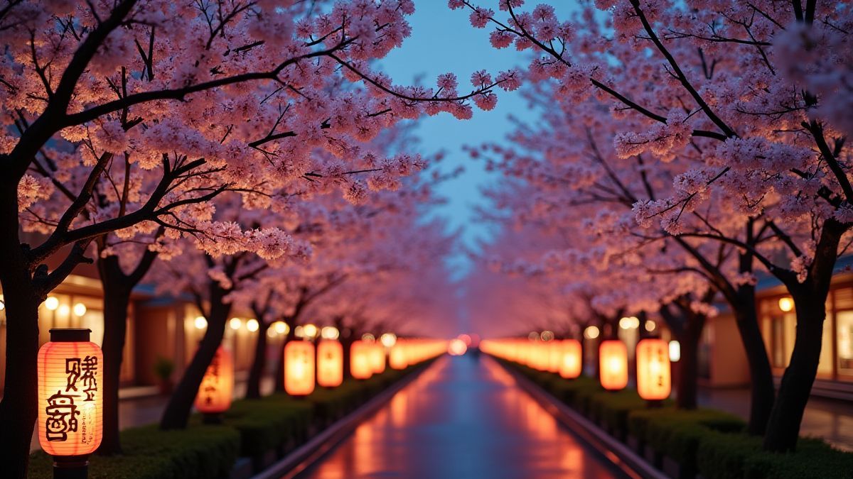 Cerezos en flor bajo luces de neón y farolillos en Tokio.