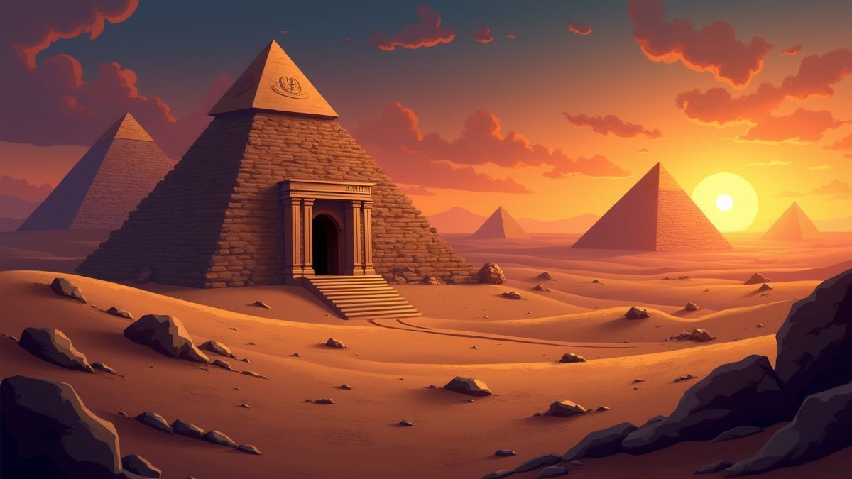 Paisaje desértico con pirámides y entrada de una tumba egipcia iluminada.