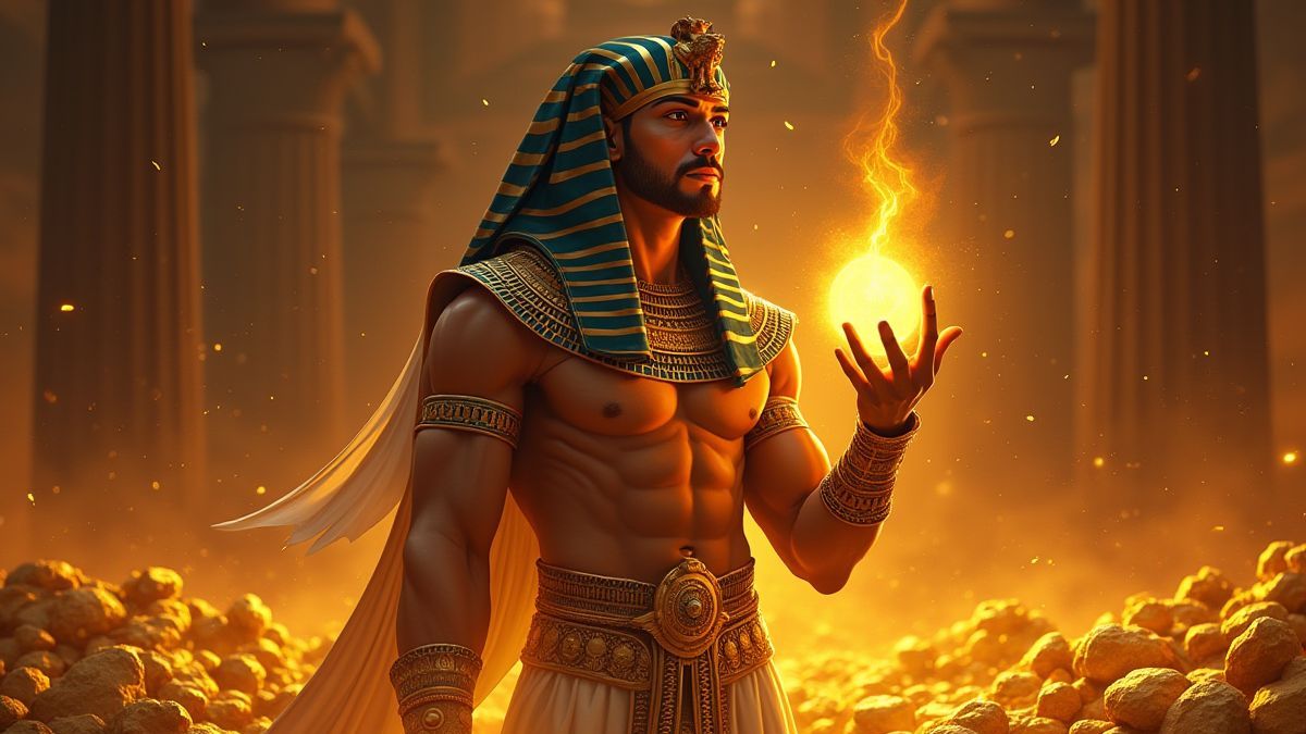 Faraón egipcio con un artefacto brillante rodeado de tesoros.