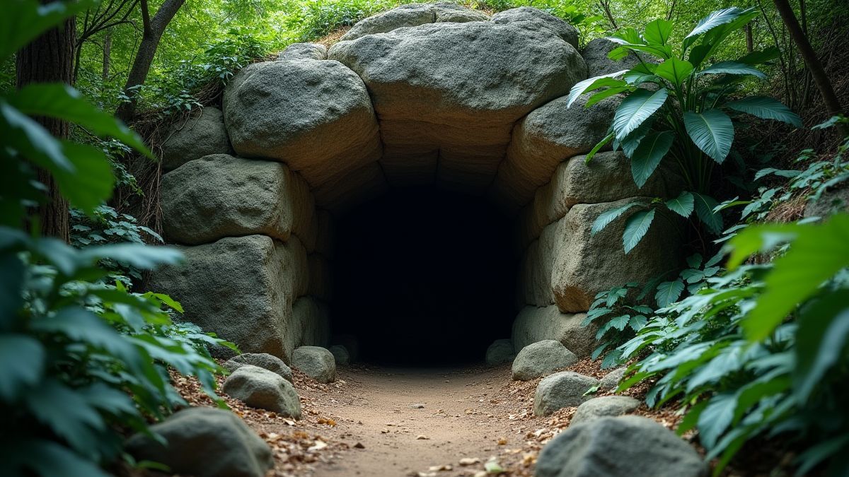 Eingang eines felsigen Grabes umgeben von Dschungelvegetation.