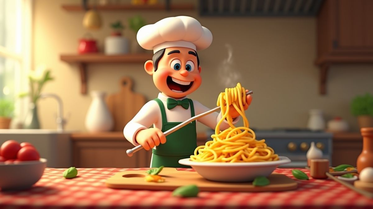 Animatie chef die pasta kookt in een levendige keuken.