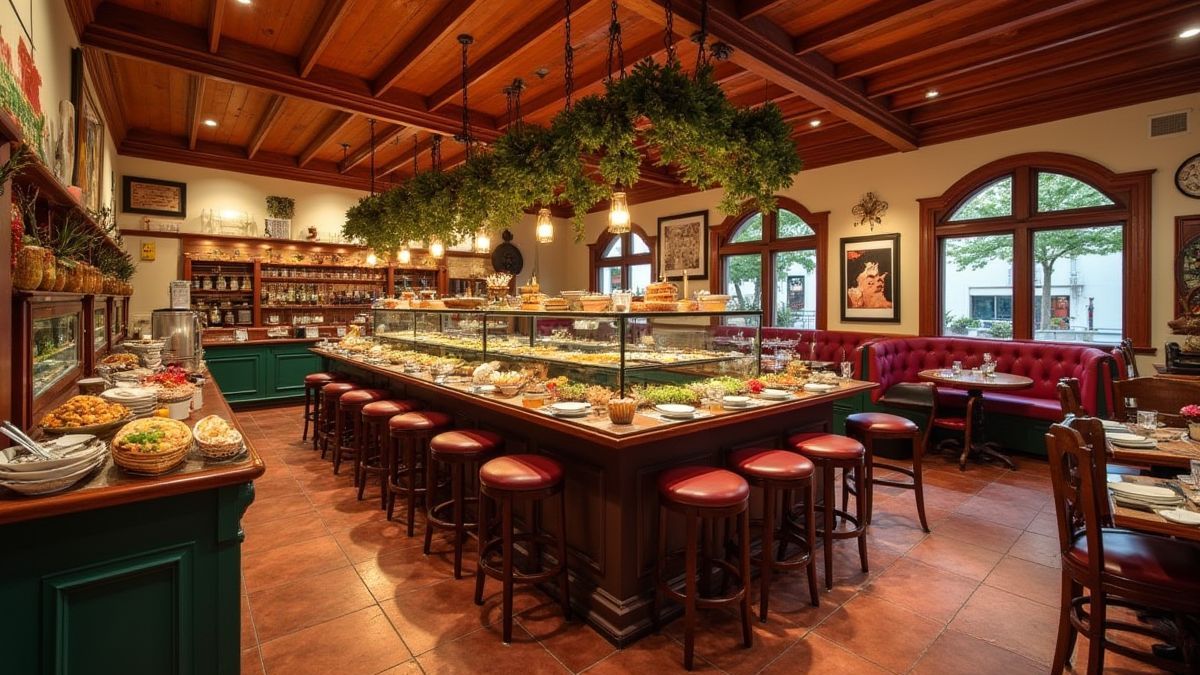 Interieur van een Italiaans restaurant met heerlijke gerechten en levendige kleuren.