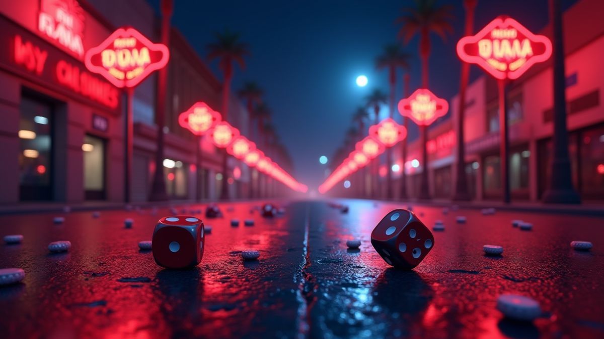 Las Vegas street with neon lights and dice and roulette symbols.