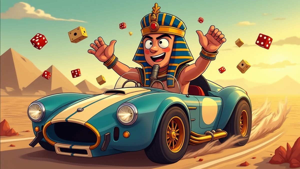 Egyptian pharaoh driving a sports car with dice and roulette around.