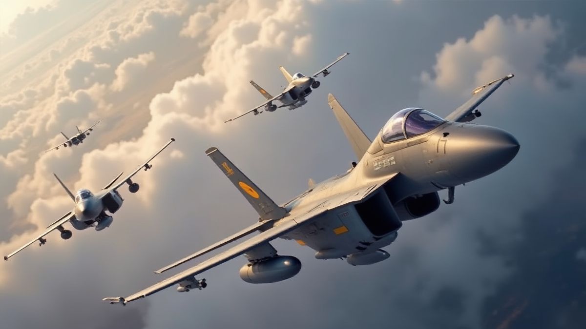 Escena de combate aéreo con aviones y nubes dramáticas.