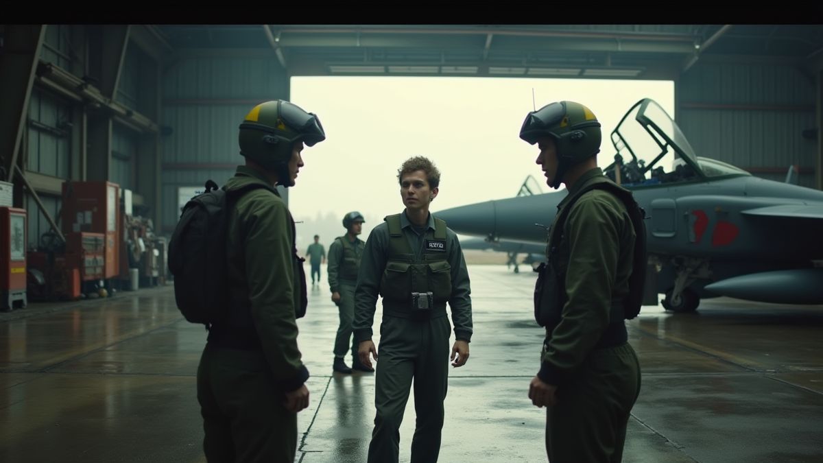 Pilotos en un hangar preparando una misión aérea.