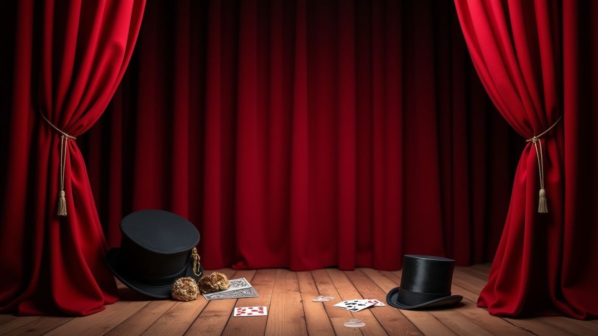 Theatraal podium met rode gordijnen en magische voorwerpen