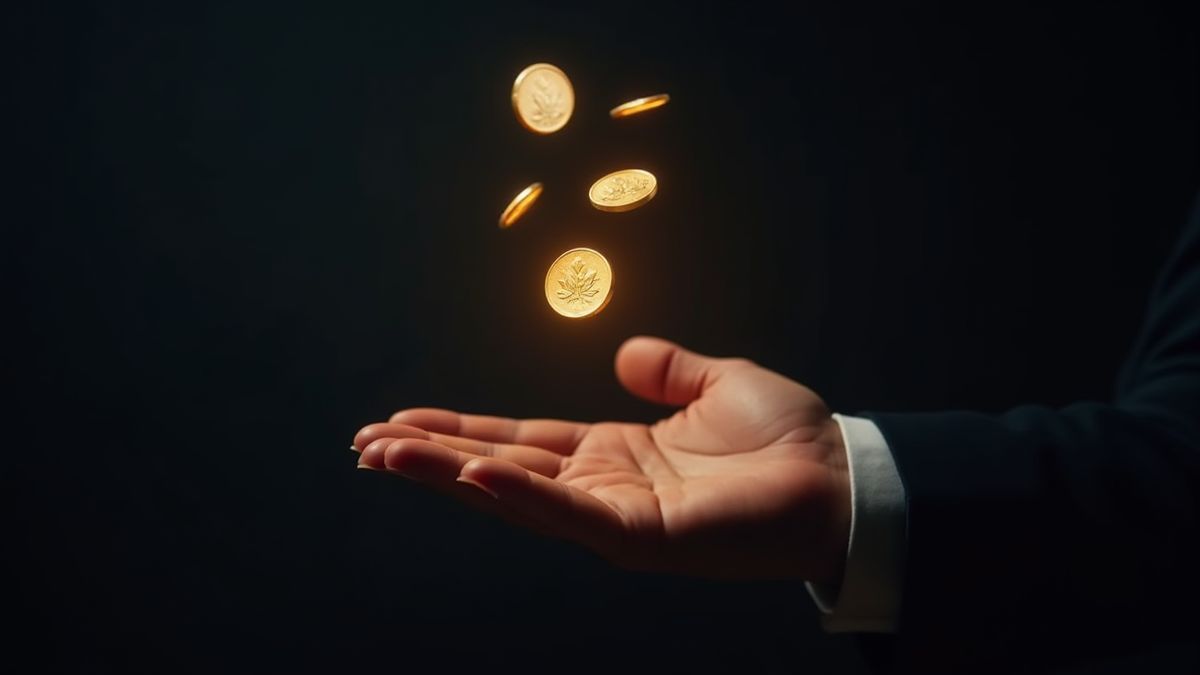 Hand die een magische truc uitvoert met glanzende munten