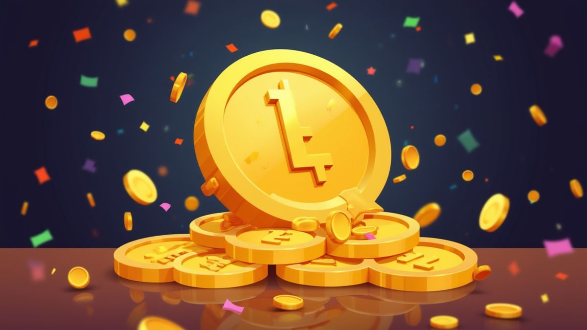 Gouden jackpot munt omringd door kleurrijke confetti.