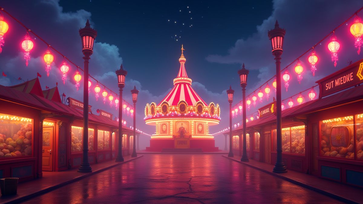 Carnival lights and an animated shooting gallery.