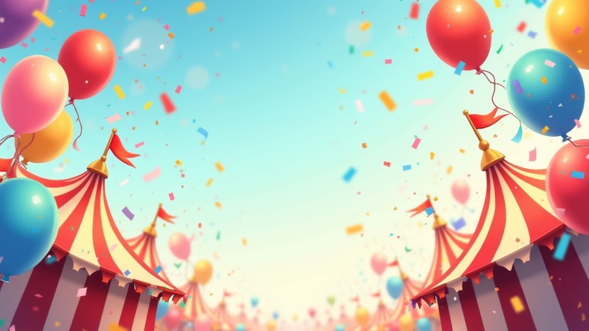 Carnavalscène met kleurrijke ballonnen en confetti in de lucht.