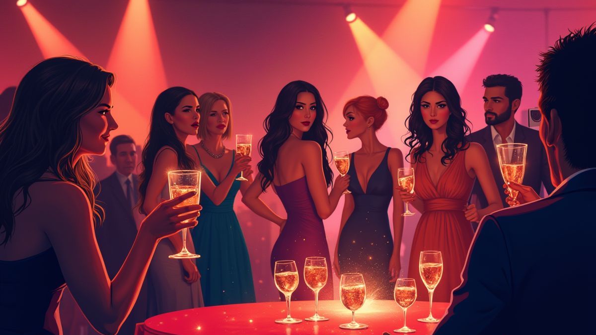 Fiesta glamorosa com celebridades, champanhe e câmaras