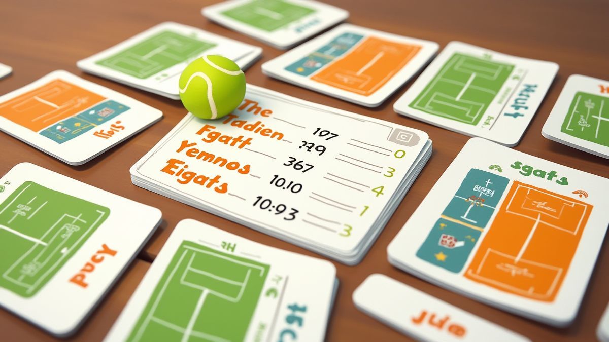 Cartas de tênis com estatísticas em uma mesa.