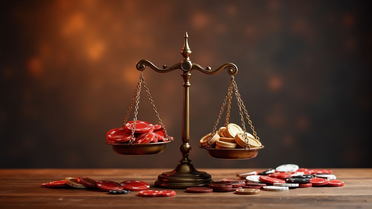 Balança mostrando prós e contras de um jogo de caça-níqueis.