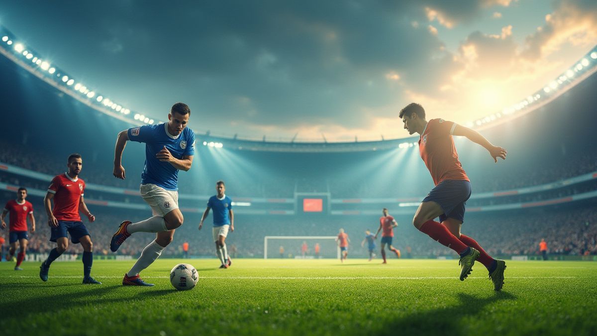 Imagen de un partido de fútbol con jugadores en acción.